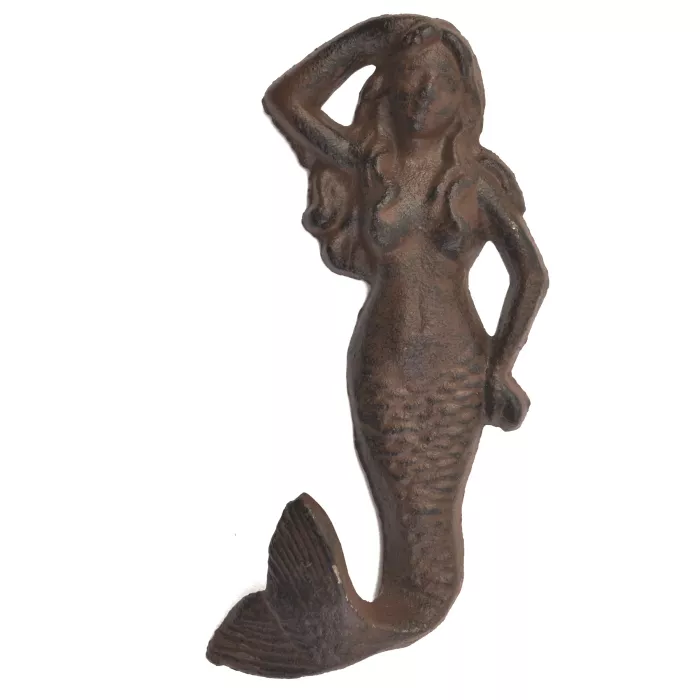 Cast Iron Wall Hook - Rust Mermaid Design - 5.75" Tall