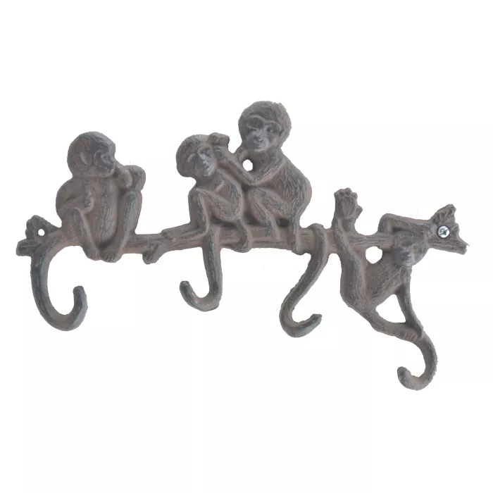 Cast Iron Wall Hook Rack - Monkeys On Branch - 4 Hooks - 10.25" Wide