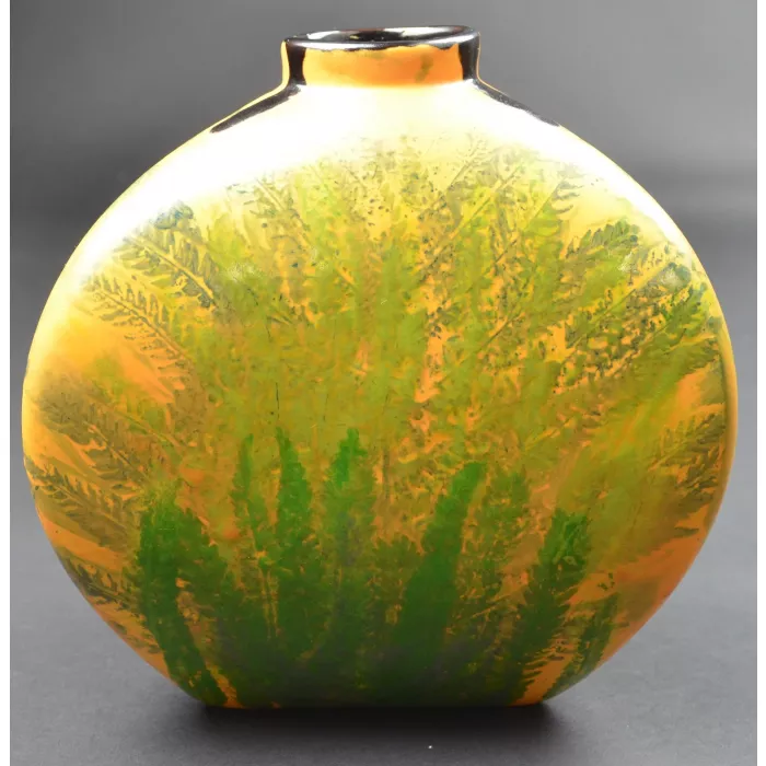 Handmade & Hand Painted Fern Pattern Pottery Flower Vase - 7.25" Tall