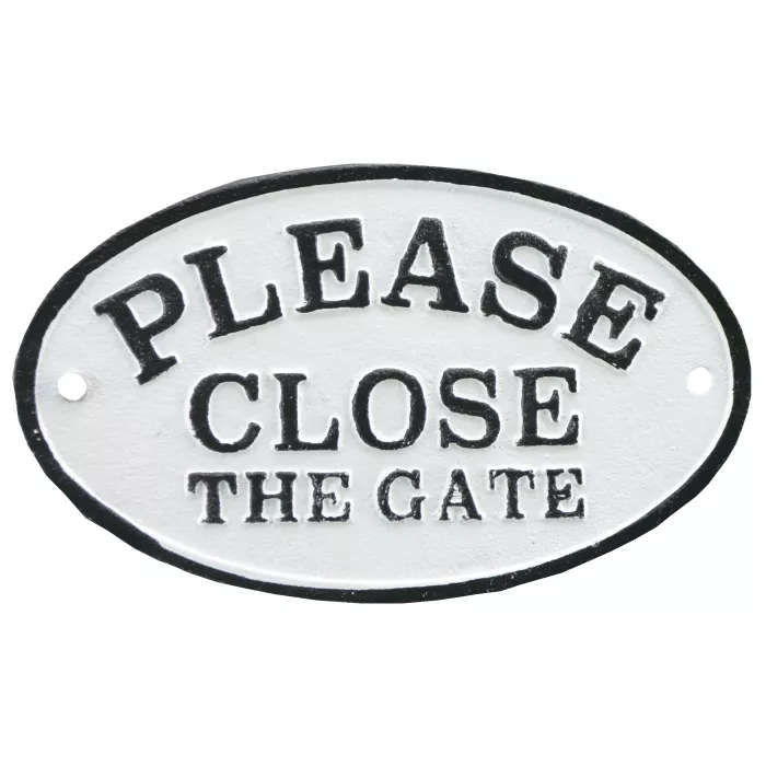 Cast Iron Plaque Sign - Please Close The Gate - Black & White