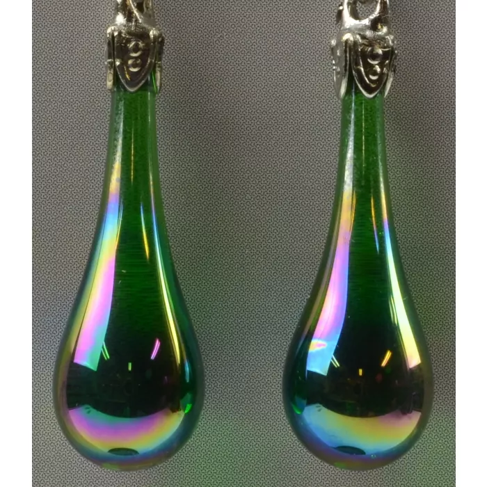 Fenton Art Glass - Teardrop Earrings - Emerald Green Iridized - Handcrafted