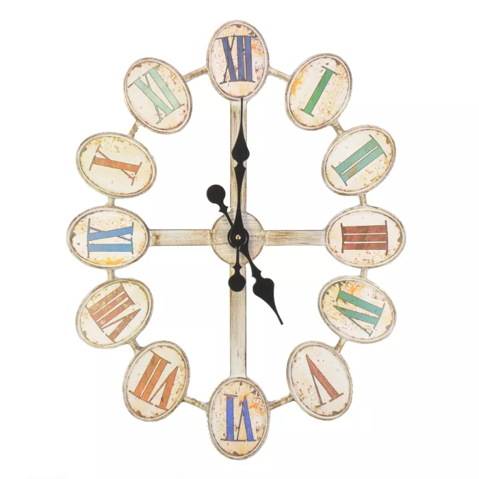 Large Hanging Oval Metal Wall Clock - Vintage Style Roman Numerals