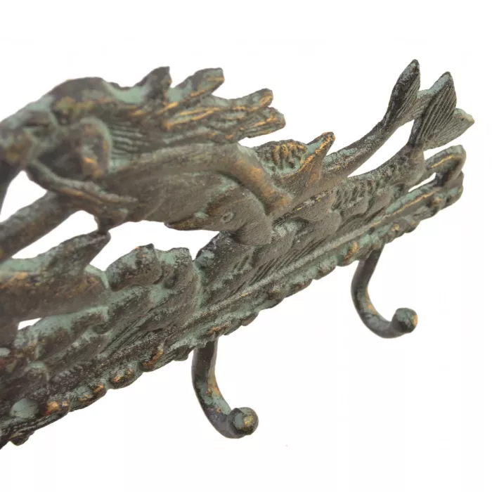 Cast Iron Wall Key Hook - Mermaid & Dolphins - Bronze Patina - 10.375" Wide