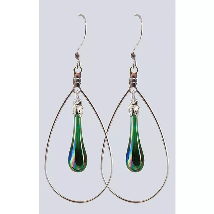 Fenton Art Glass - Hoop Style Teardrop Earrings - Emerald Iridized