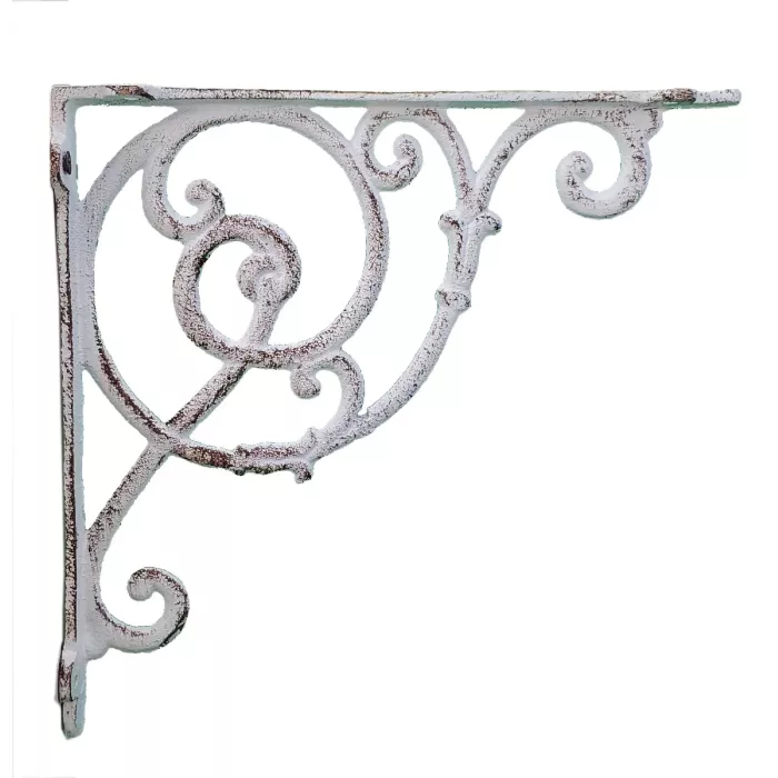 Wall Shelf Bracket - Ornate Vine - Distressed White Cast Iron - 10" Deep