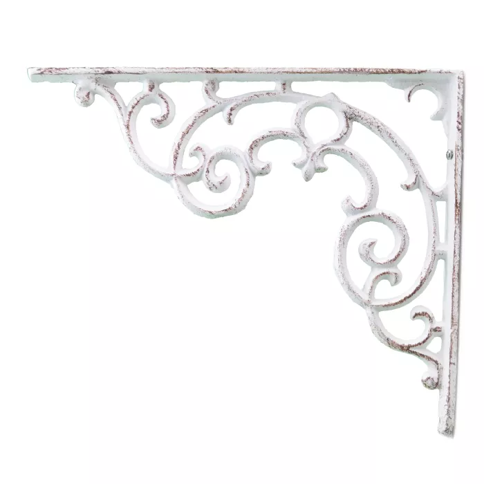Wall Shelf Bracket - Ornate Pattern - Distressed White Cast Iron - 11.25" Long