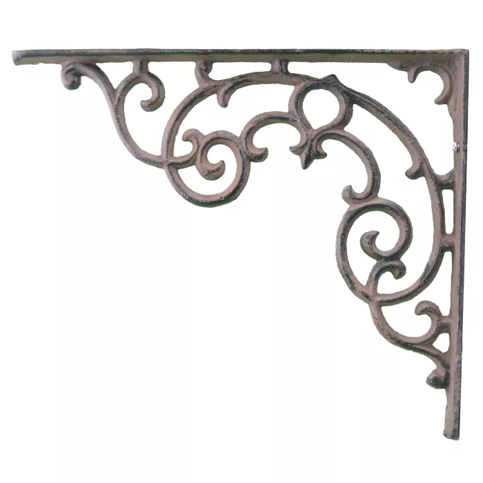 Wall Shelf Bracket - Ornate Pattern - Distressed Brown Cast Iron - 11.25" Long