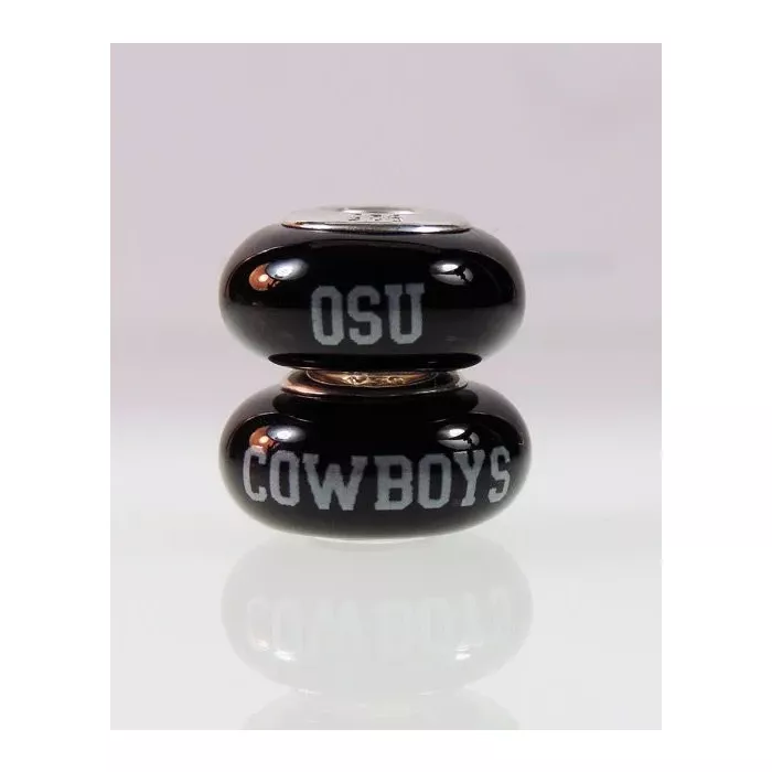 Fenton Black Glass Collegiate Bead - Oklahoma State - Sterling Silver Lined