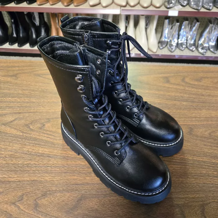 Women's Lug Combat Boots Black Logan Bootie Block Heel Memory Foam Insole