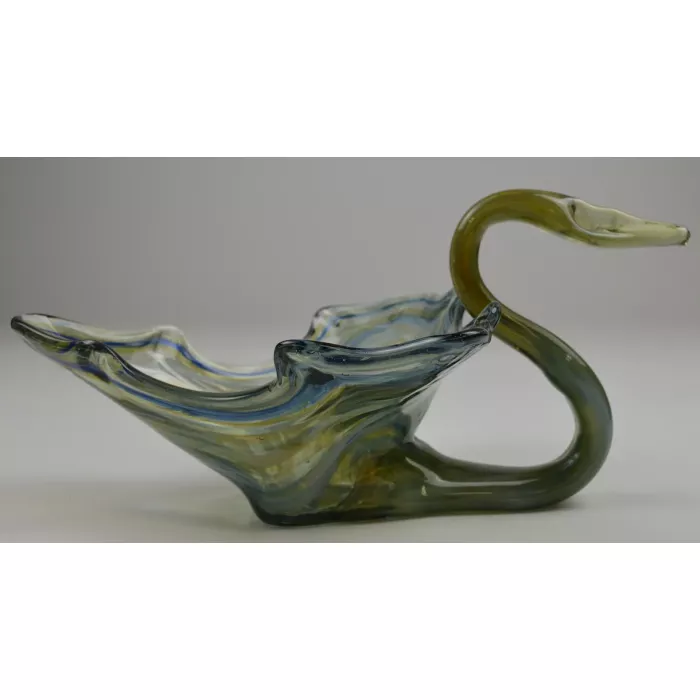 Vintage Art Glass Green, Blue & White Swan Shaped Planter
