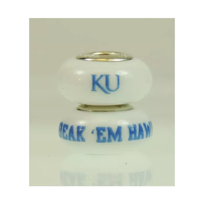 Fenton Milk Glass Collegiate Bead - Kansas Jayhawks - Sterling Silver Lined