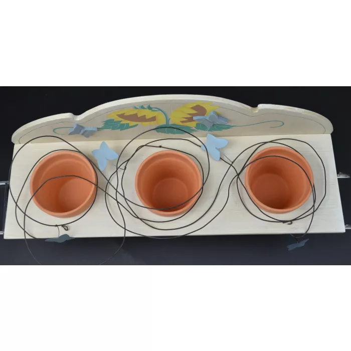 Decorative Wood Sunflower Shelf With 3 Clay Pot Planters - 21" Long