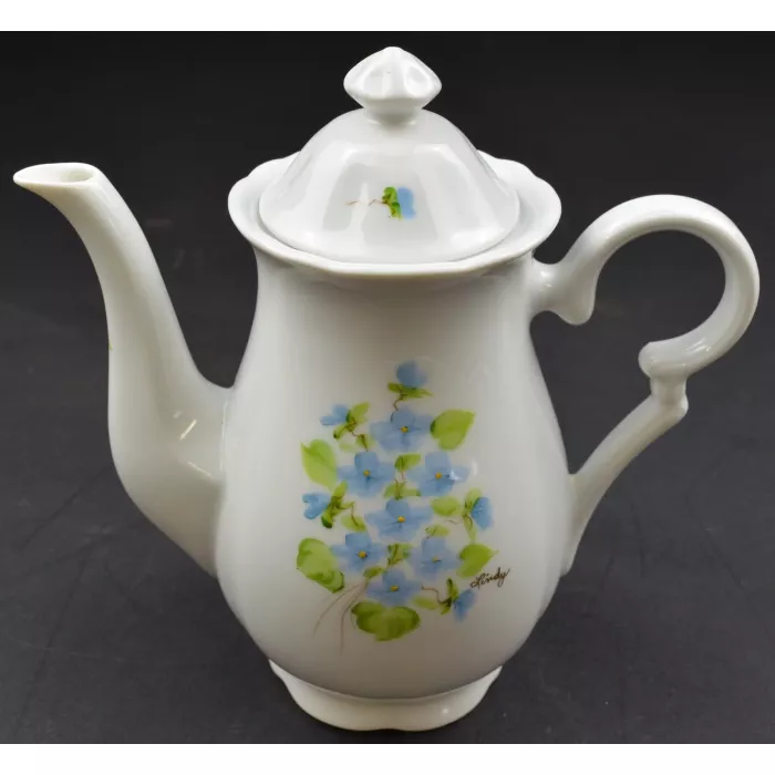 Vintage Blue Floral Pattern Teapot - Hand Painted By Lindy  - 8.5" Tall