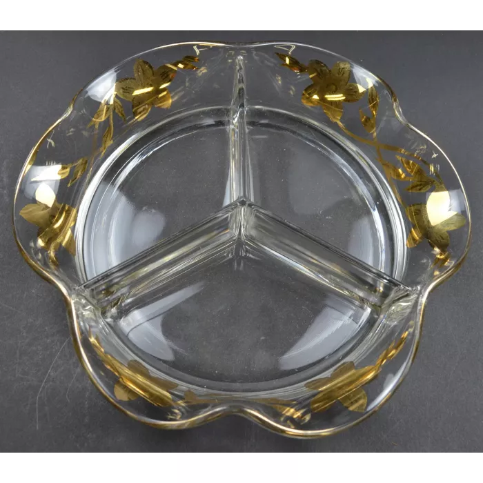 Vintage Three Part Divided Clear Glass Relish Dish - Gold Floral Pattern