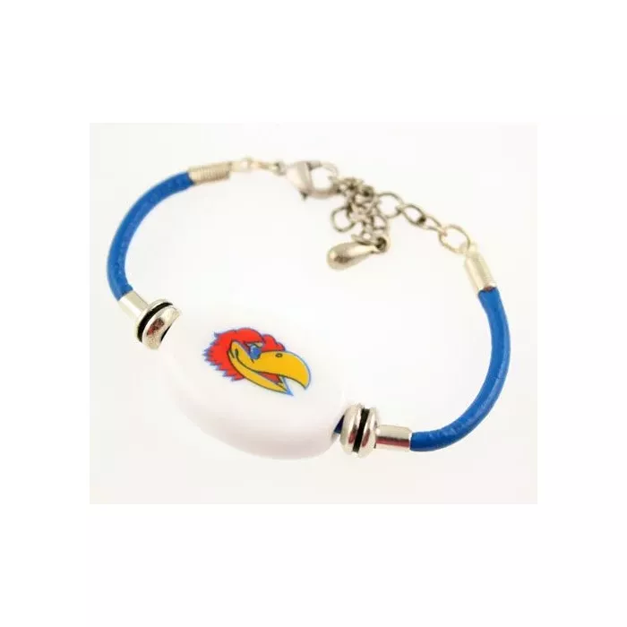 Fenton Collegiate Logo Leather Cord Bracelet- Kansas Jayhawks Milk Glass Bead