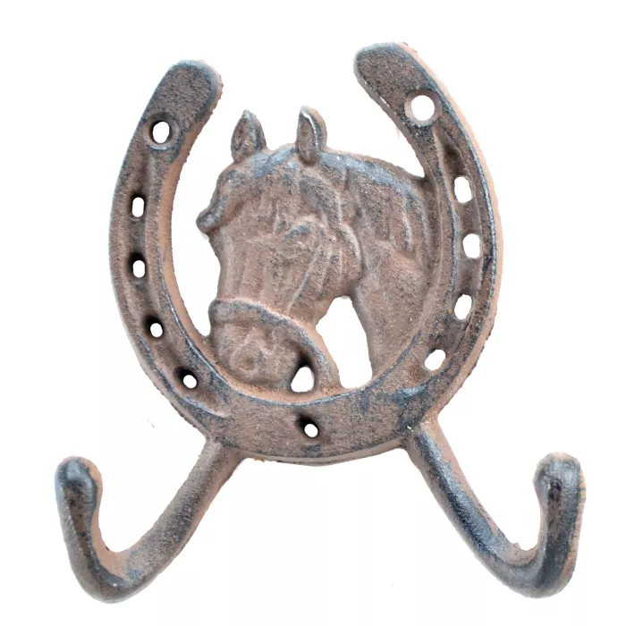 Horse Head Horseshoe Western Double Wall Hook - Rust Brown Cast Iron - 5" Tall