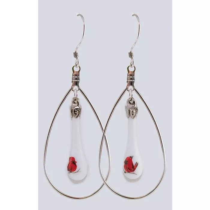 Fenton Art Glass - Hoop Style Teardrop Earrings - Baby Cardinal - Handcrafted