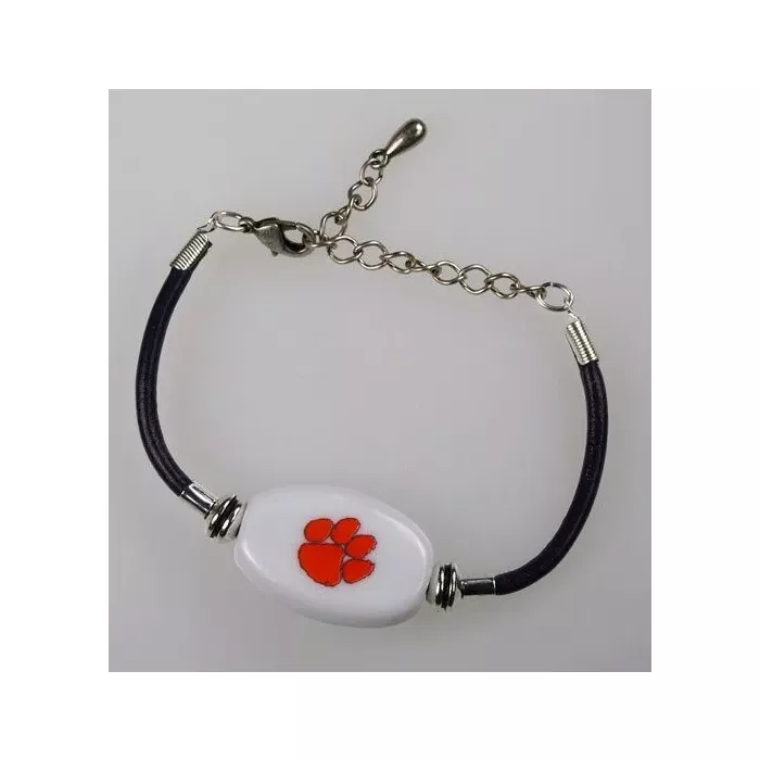 Fenton Collegiate Logo Leather Cord Bracelet- Clemson University Milk Glass Bead