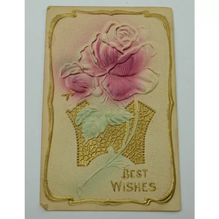 Vintage Postcard - Best Wishes - Pink Rose Pattern - Early 1900's