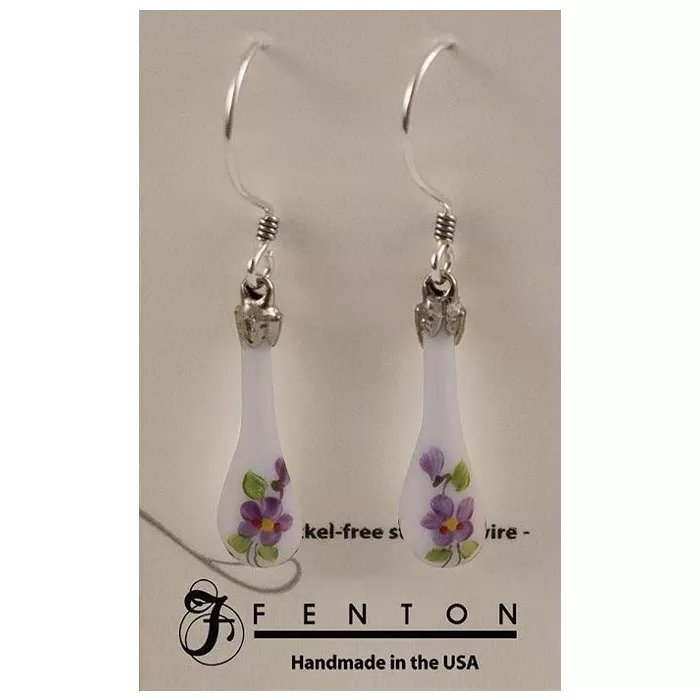 Fenton Art Glass - Teardrop Earrings - Violets In The Snow - Handcrafted