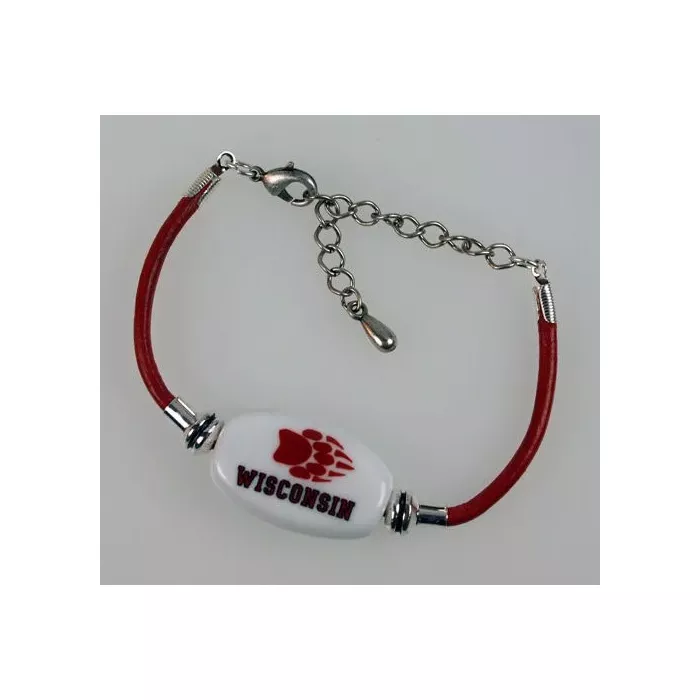 Fenton Collegiate Logo Leather Cord Bracelet- Wisconsin Milk Glass Bead