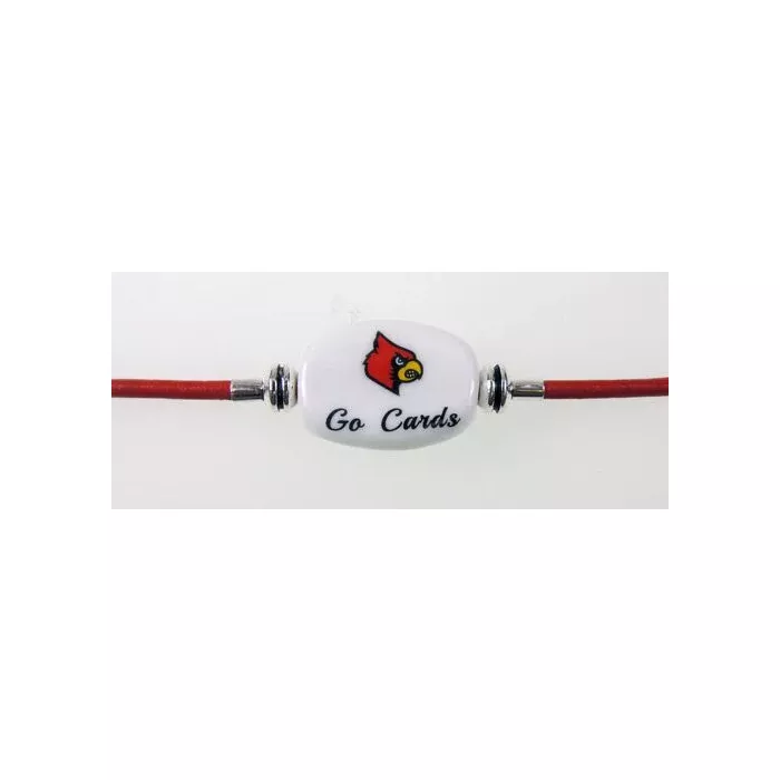 Fenton Collegiate Logo Leather Cord Bracelet- Louisville "Cards" Milk Glass Bead