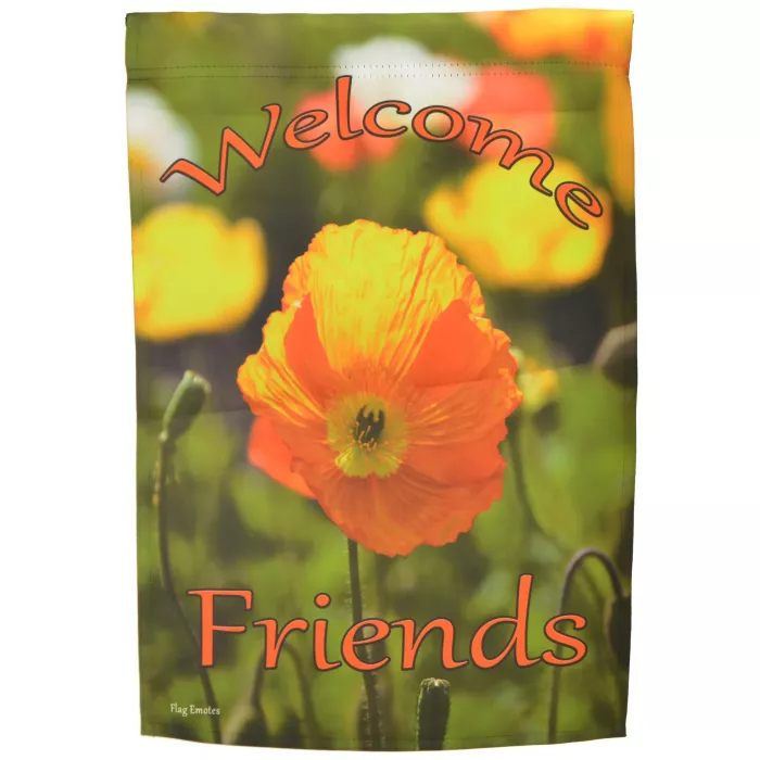 Flag Emotes - Double Sided Garden Flag - Orange Flower Welcome Friends