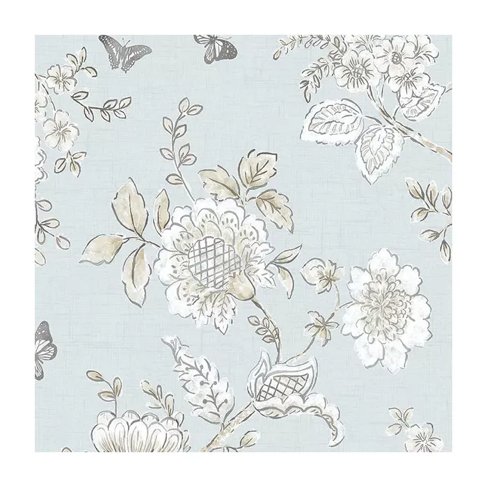 Butterfly Toile Wallpaper Blue, Beige, French Light Blue Norwall Wallcovering FH37537