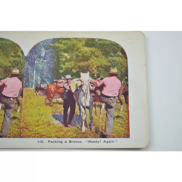 Antique Stereoview - No. 416 - Packing A Bronco. "Ready! Again"
