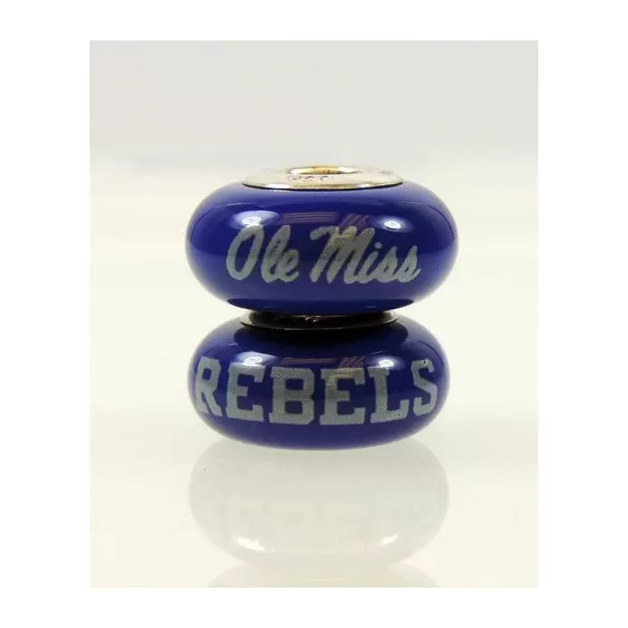 Fenton Blue Glass Collegiate Bead - Mississippi Ole Miss - Sterling Silver Lined