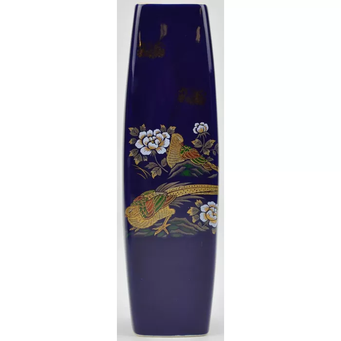 Decorative Square Vase - Cobalt Blue With Gold Accents - Pheasant Pattern