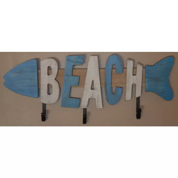 Hanging Fish Shaped Beach Sign & Hook Rack - 3 Hooks