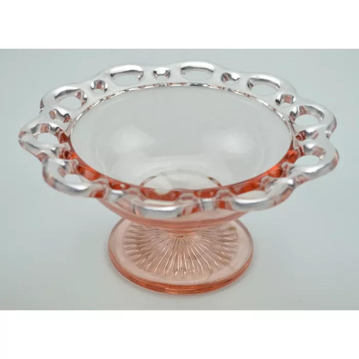 Anchor Hocking Glass - Lace Edge Pink Pattern - Round Compote - 3.5" Tall