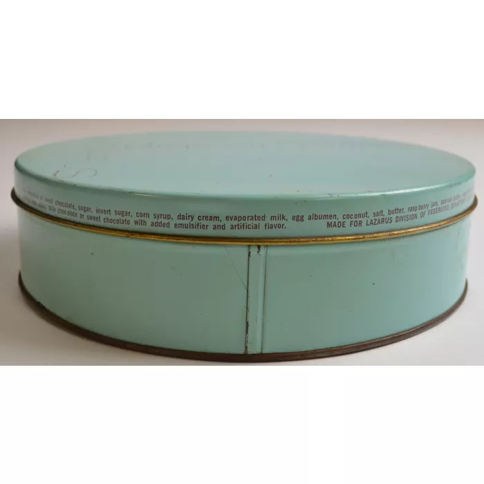 Lazarus Department Store Assorted Chocoates 32 Oz. Round Blue Tin - 8.5" Wide