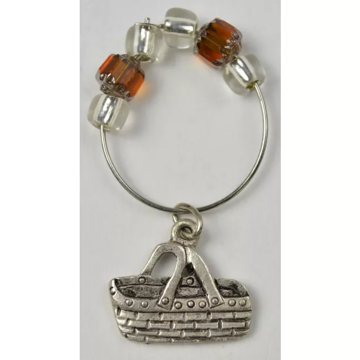 Silver Toned Double Handled Basket Charm With Orange & Clear Beads