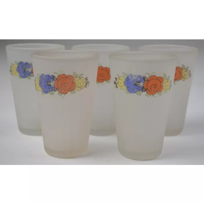 Small Frosted Floral Pattern Glasses - Set Of Five - 3" Tall