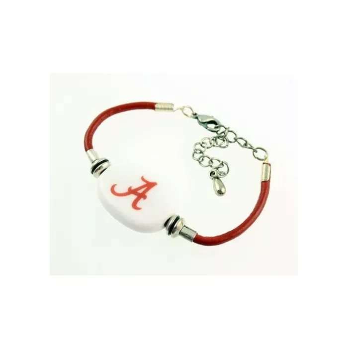 Fenton Collegiate Logo Leather Cord Bracelet- Alabama Roll Tide Milk Glass Bead