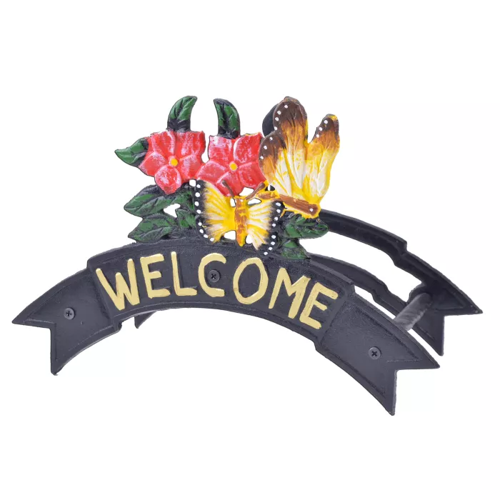Welcome Garden Hose Holder - Butterflies & Flowers - Black Cast Iron - 12.38" W