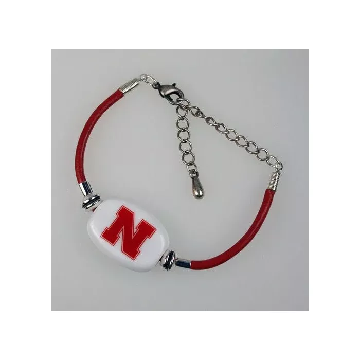 Fenton Collegiate Logo Leather Cord Bracelet- Nebraska Milk Glass Bead