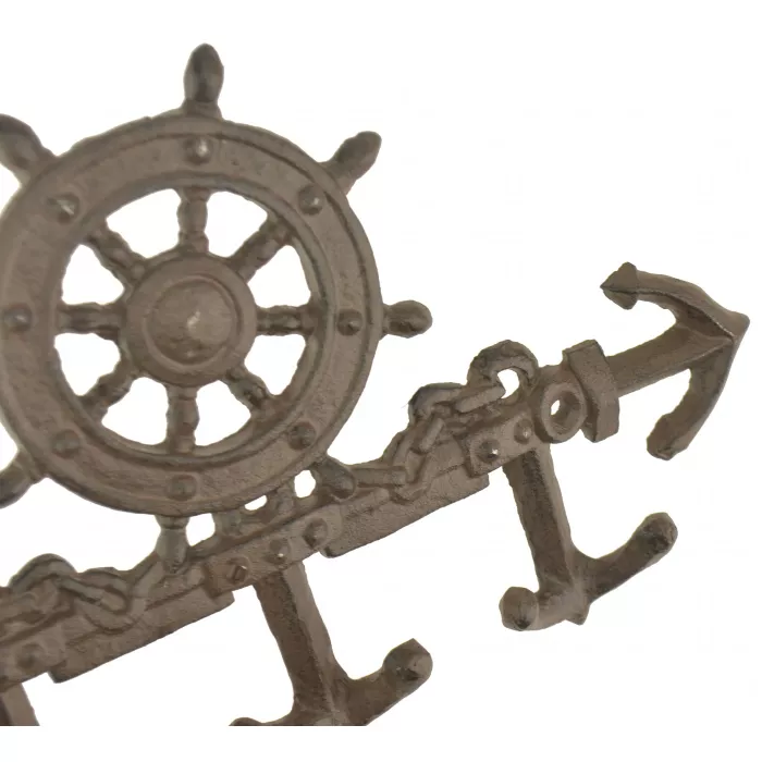 Cast Iron Wall Key Hook - Ship Wheel & Anchor - Rust Colored