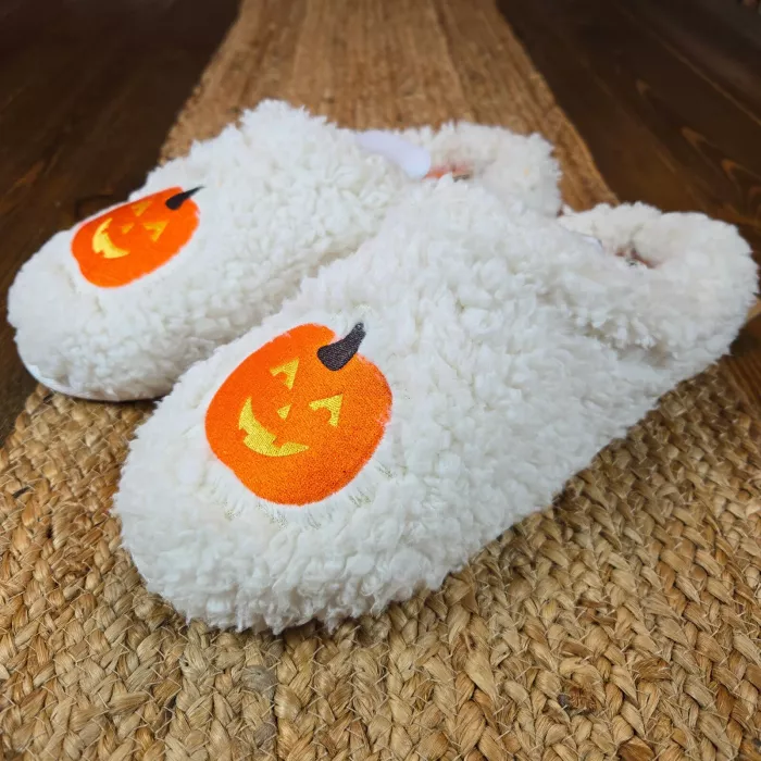 Dearfoams Women's Pumpkin Slide Slippers Jack-O-Lantern Cream Memory Foam 11-12