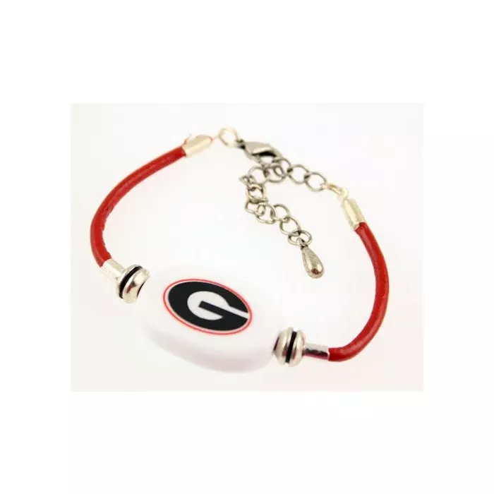 Fenton Collegiate Logo Leather Cord Bracelet- Georgia Bulldogs Milk Glass Bead