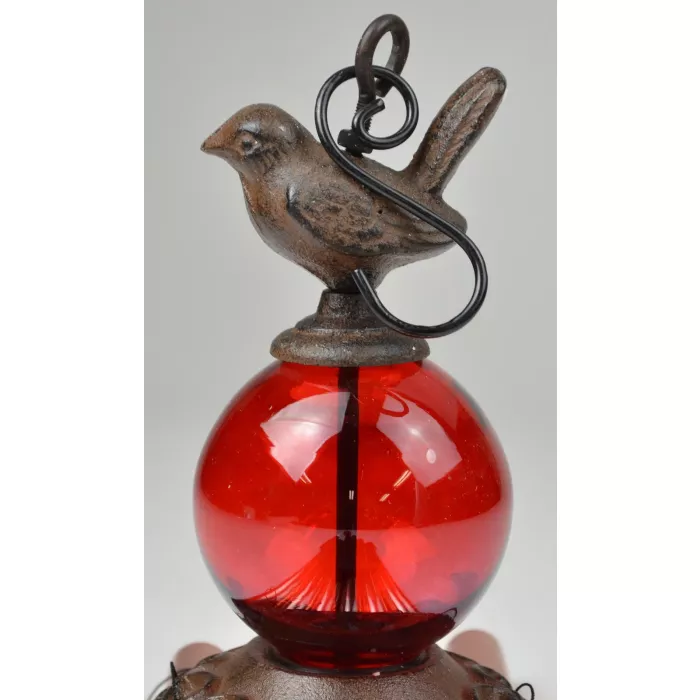 Cast Iron Bird Wind Chime With Ruby Red Globes - 31" Tall