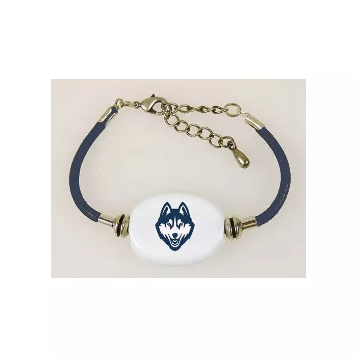 Fenton Collegiate Logo Leather Cord Bracelet- UConn Huskies Milk Glass Bead