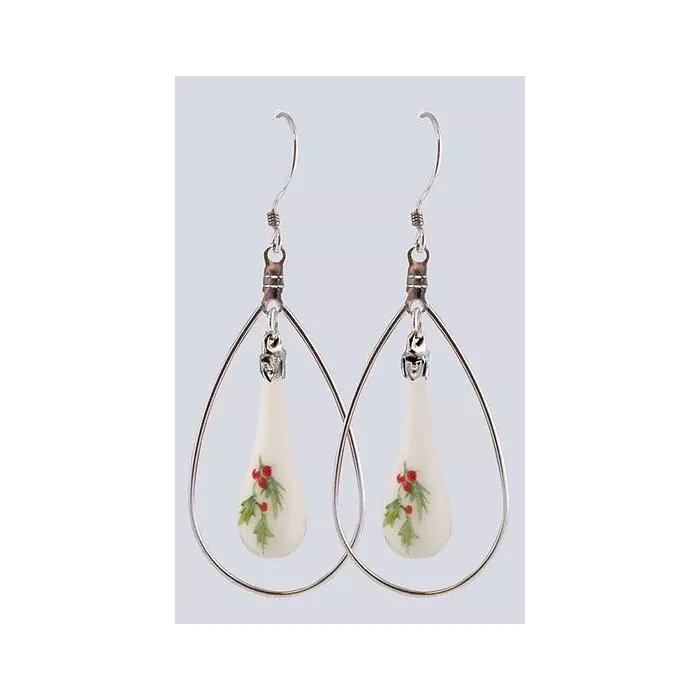Fenton Art Glass - Hoop Style Teardrop Earrings - Holly Berry