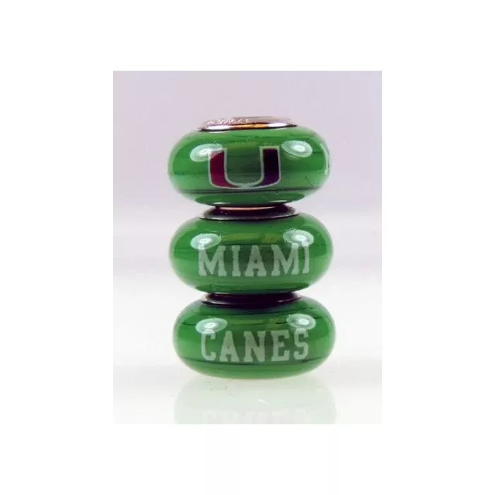 Fenton Green Glass Collegiate Bead - Miami Huricanes - Sterling Silver Lined
