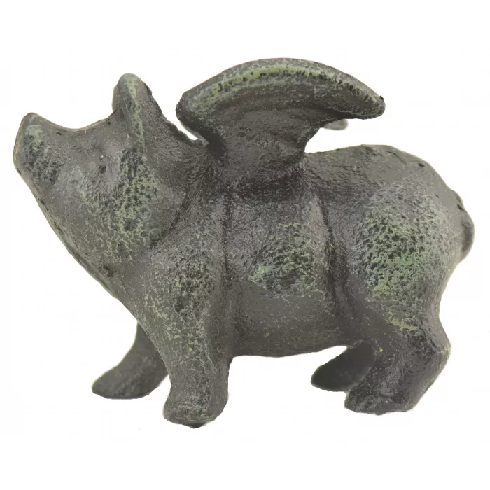 Decorative Metal Sculpture - Flying Pig With Wings - Verdigris Finish - 2.75" T