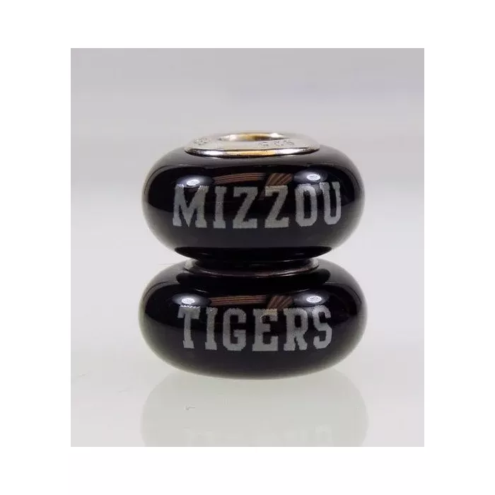 Fenton Black Glass Collegiate Bead - Missouri Tigers - Sterling Silver Lined
