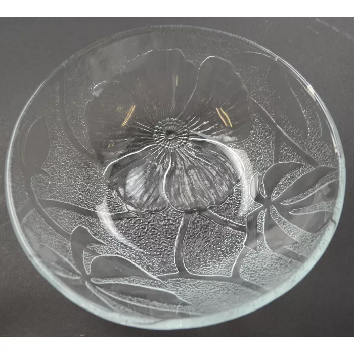 Clear Pebbled Glass Embosssed Floral Pattern Bowl - 6.625" Wide