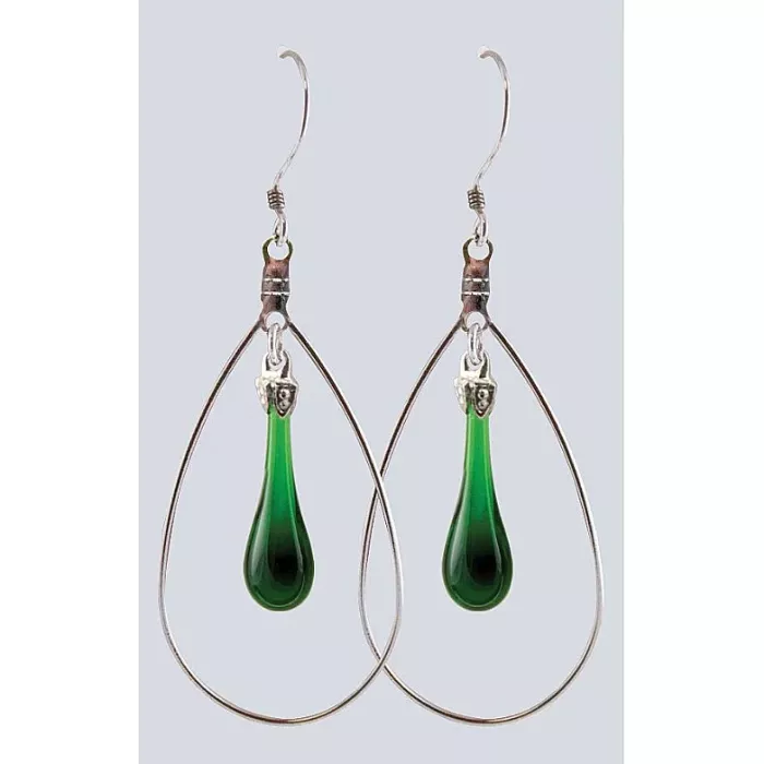 Fenton Art Glass - Hoop Style Teardrop Earrings - Emerald